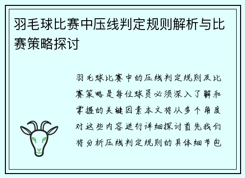 羽毛球比赛中压线判定规则解析与比赛策略探讨